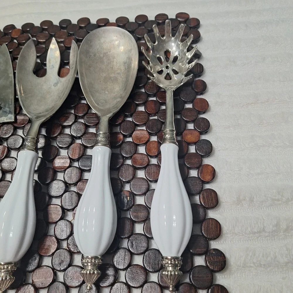 5 Pc Set Elegant Godinger Silver Plate Serving Set Porcelain Handle Victorian